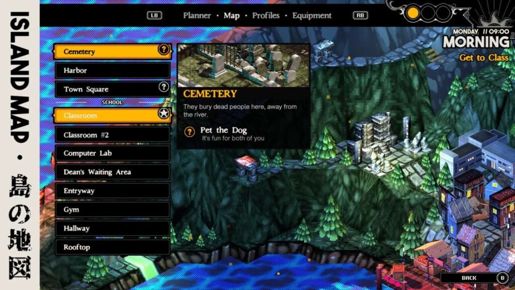 Tela que mostra o mapa e as atividades na ilha.