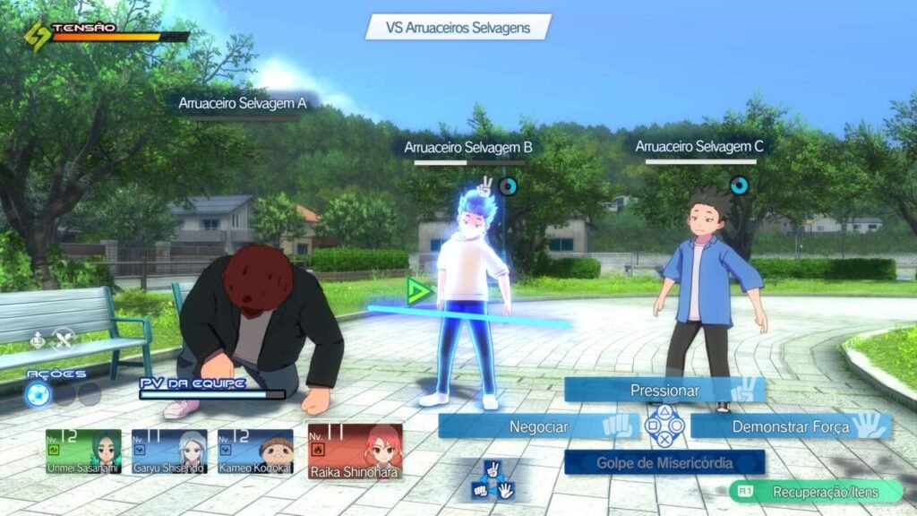 As batalhas são basicamente um pedra-papel-tesoura um pouco mais elaborado