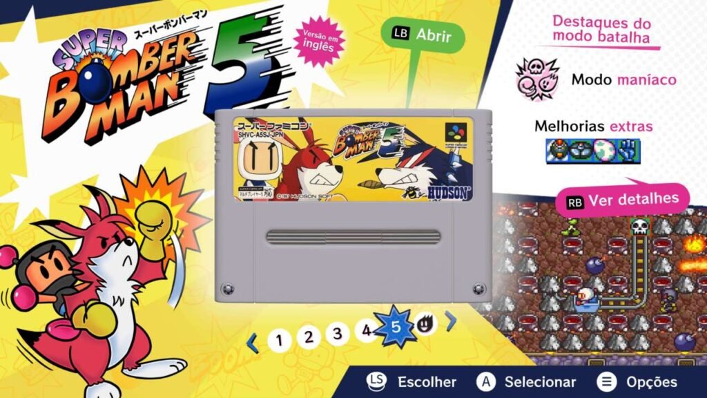 A imagem mostra uma tela promocional do jogo clássico Super Bomberman 5, lançado para o Super Nintendo. Ao fundo uma das fases do jogo.