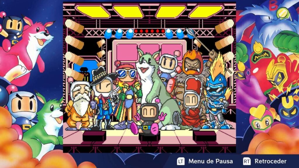 A imagem transmite um clima festivo e nostálgico, destacando a criatividade da franquia em variar os visuais dos personagens e incluir mascotes. É uma mistura de pixel-art retrô com arte ilustrada moderna, reforçando o caráter divertido e colecionável da série.