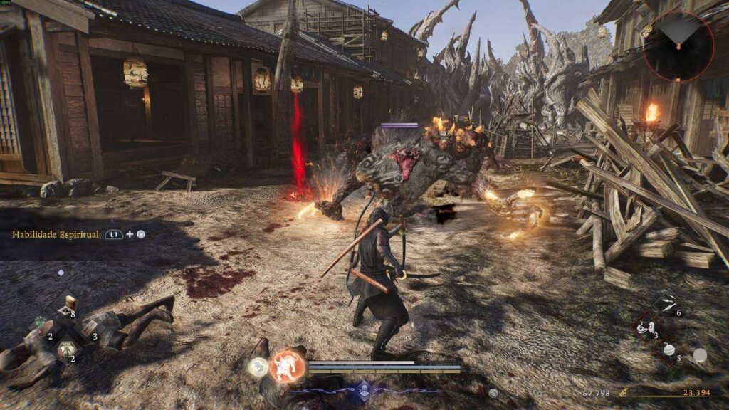 O personagem, na forma de um ninja, luta contra um demonio do folclore japones