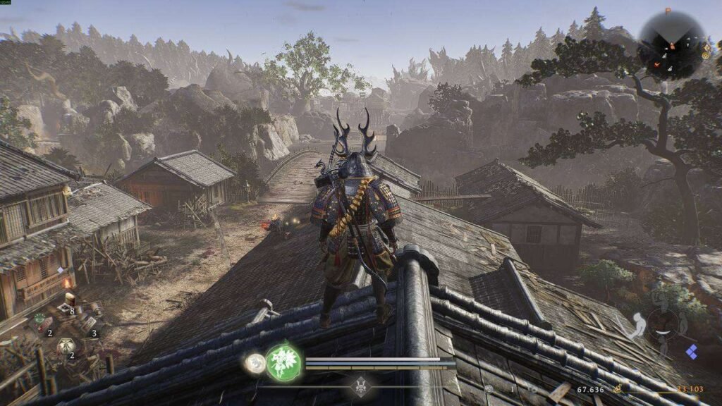 O personagem de Nioh 3 observa o dano da guerra nas vilas do japão feudal