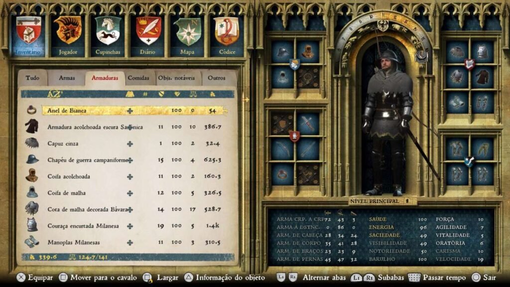 Acessando o inventário do jogo e selecionando nossas armaduras.