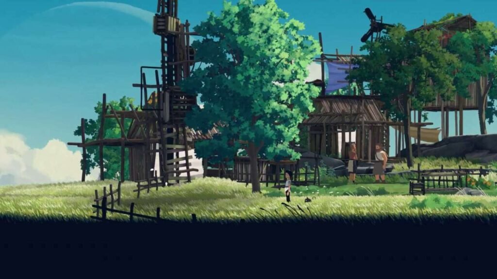 Cena mostrando a belíssima arte visual do game, com árvores ao fundo e cenário natural