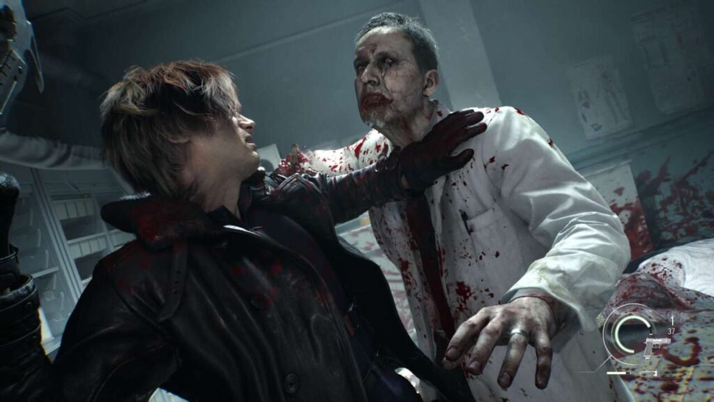 Leon lutando contra inimigo em Resident Evil Requiem