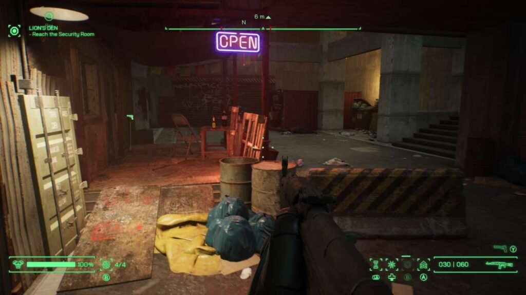 Cena de tiro em primeira pessoa, com luzes ao fundo