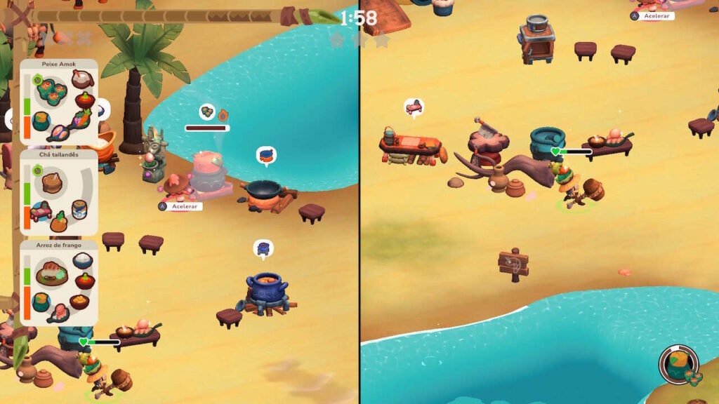 Cena na praia com mecânica de pesca