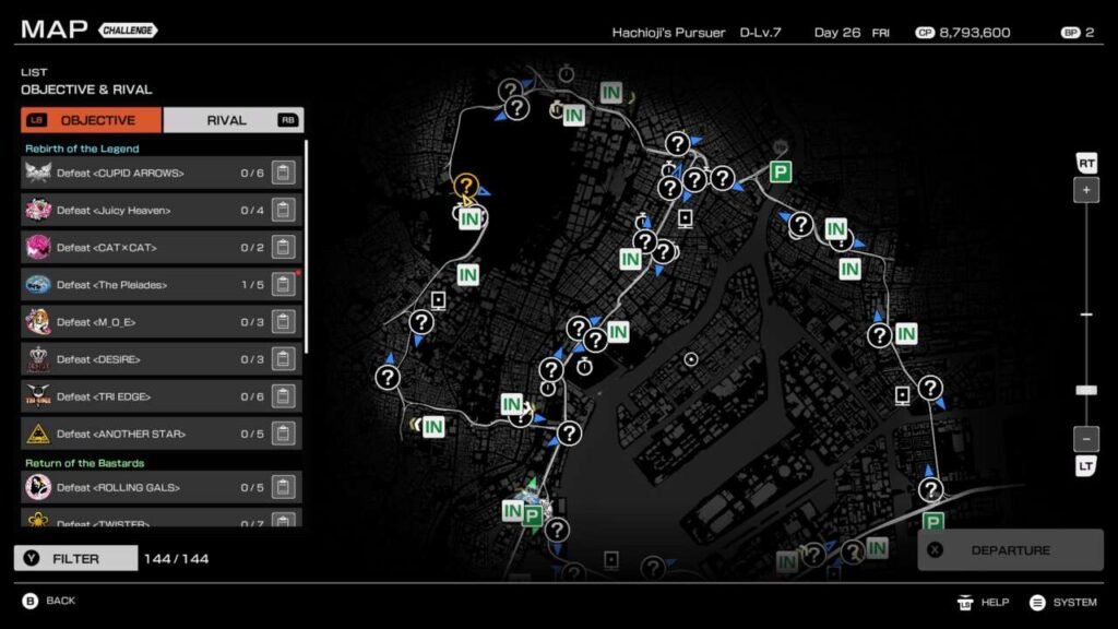 O mapa mostrando parcialmente as diferentes saídas e adversários.