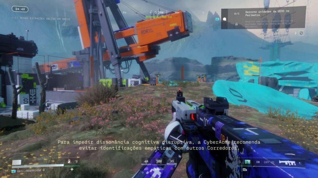 Visão em primeira pessoa de uma colina, e  logo adiante uma estrutura metálica que parece um guindaste.