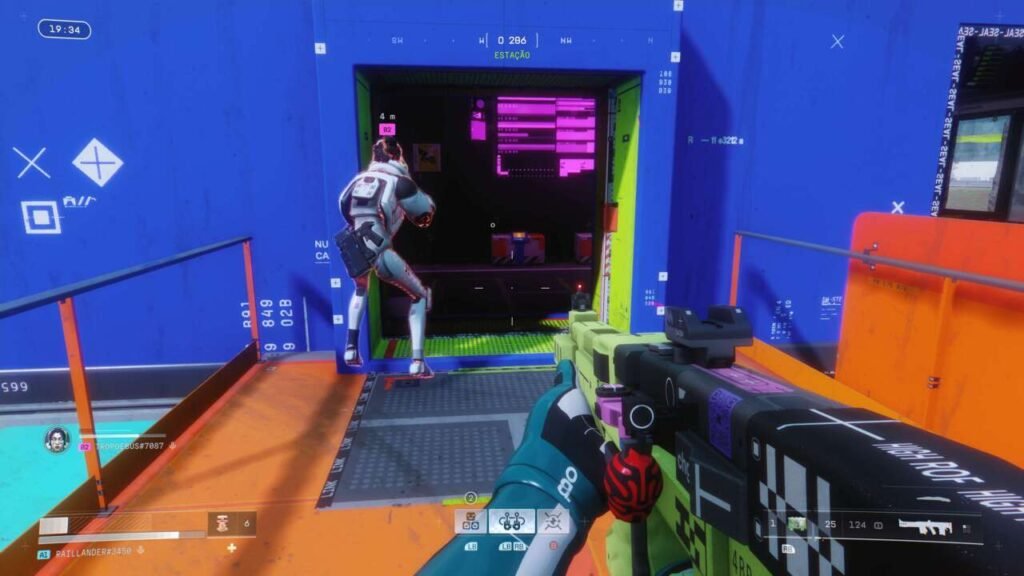 Visão em primeira pessoa de uma partida com outro jogador.