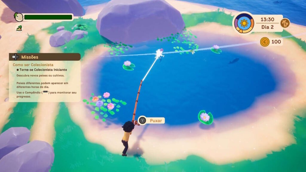 Momento de pescaria, em que personagem lança a vara no lago