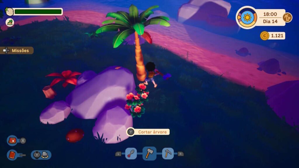 Momento em que personagem taca-lhe o machado na árvore