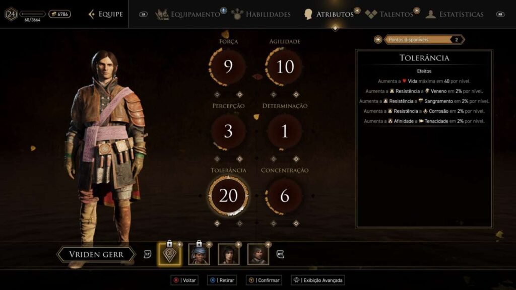 Tela de atributos do personagem.