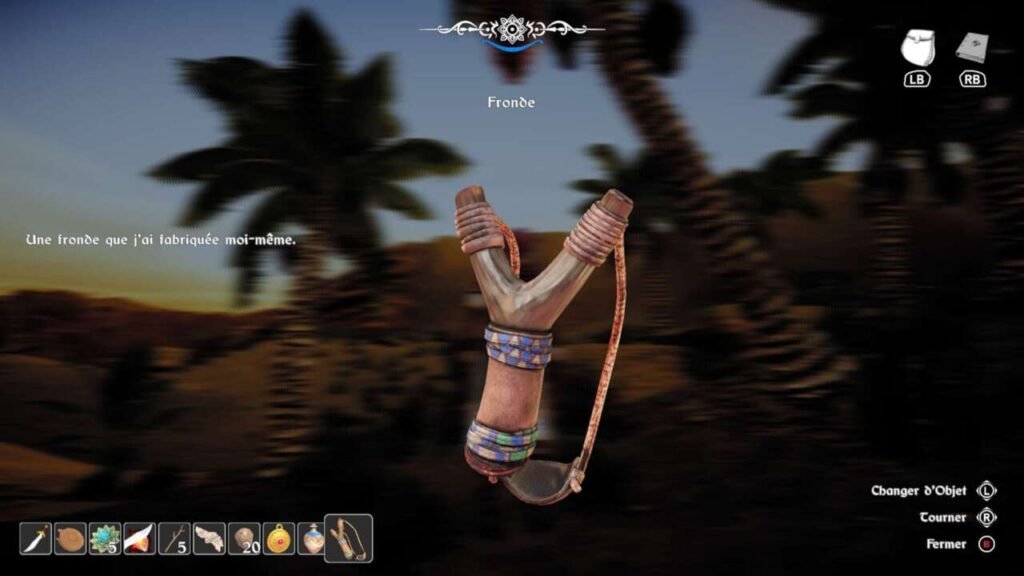 Cena do inventário com um estilingue à mostra