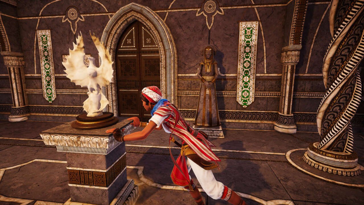 Momento de resolução de puzzle, em que personagem empurra um objeto