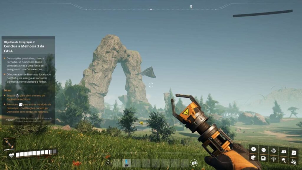 Um mundo aberto, com vegetação e uma formação geológica que mais parece um arco.