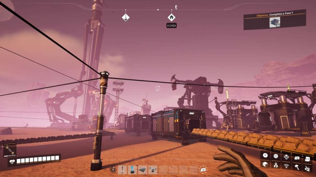 A fabrica em total funcionamento, com esteiras de minério e um elevador espacial ao fundo.