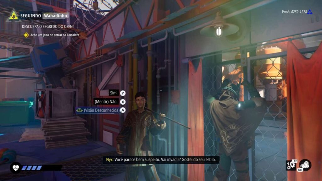 O jogador está encarando uma personagem que lhe faz uma pergunta, e o mesmo precisa escolher a resposta mais indicada.