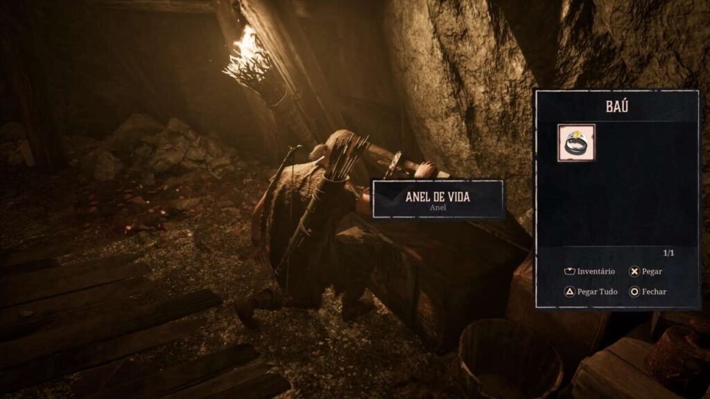 Encontrando um ótimo item após explorar uma caverna.