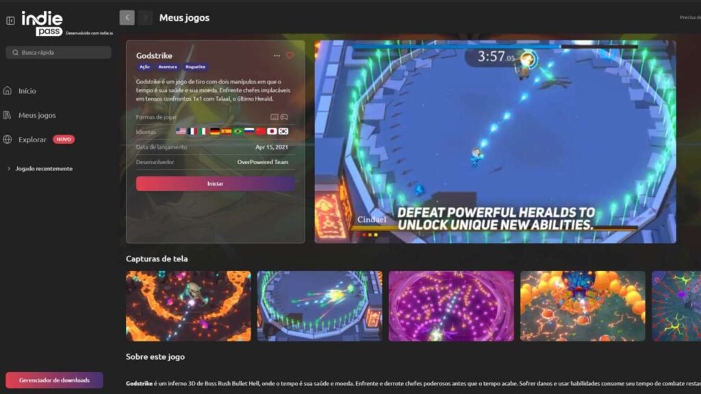 Detalhes sobre um jogo disponível no Indie Pass