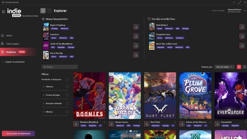 Tela de jogos do Indie Pass