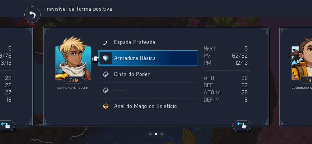 Cena de gerenciamento de equipamentos dos personagens