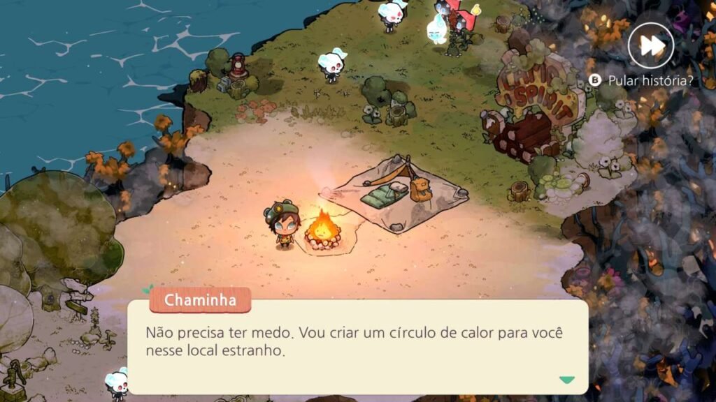 A personagem está em um acampamento conversando com a fogueira.