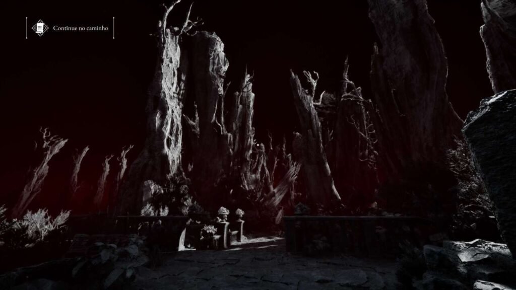 A entrada do inferno, com arvores e cenários rochosos e distorcidos.