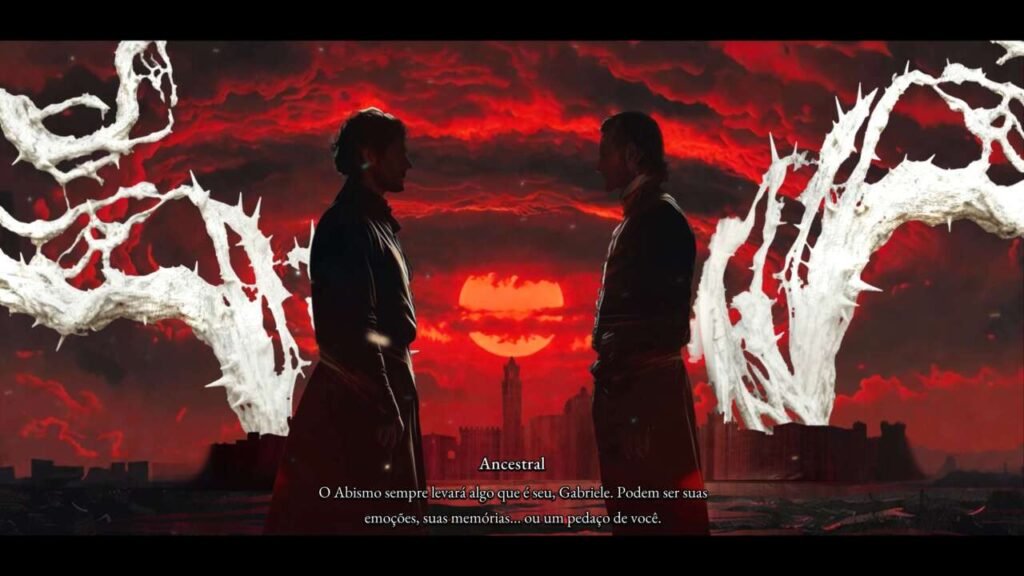 Duas pessoas se olhando, e ao fundo uma cidade iluminada pela luz vermelho sangue da lua