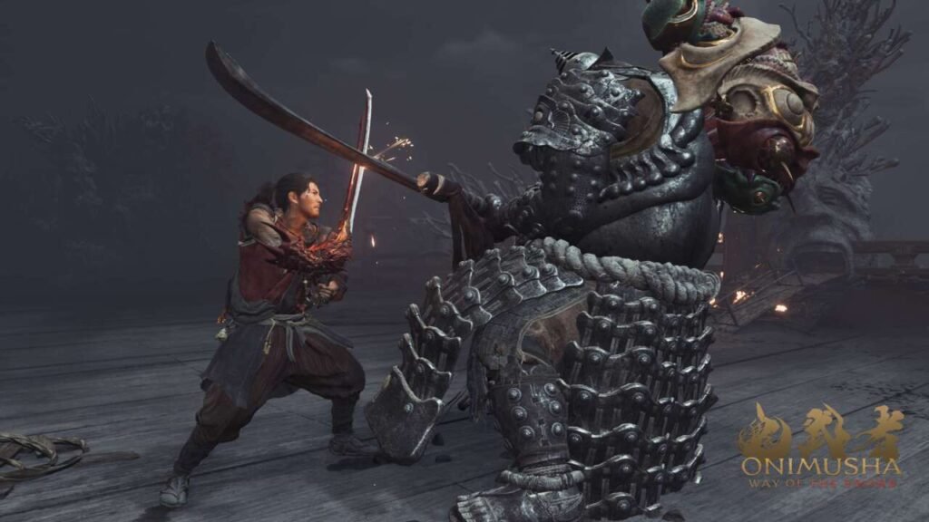 Musashi enfrentando um chefe gigante, que utiliza armadura por todo seu corpo.