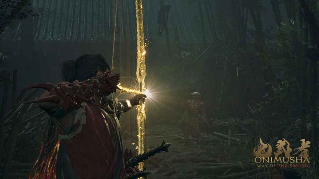 O personagem armando o arco, pronto para disparar contra um inimigo adiante.