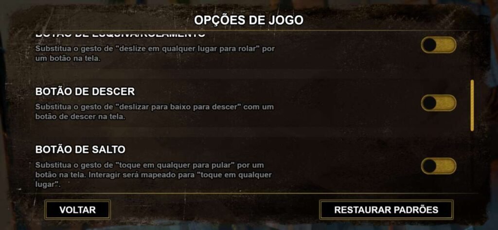 Cena de personalização dos controles touch