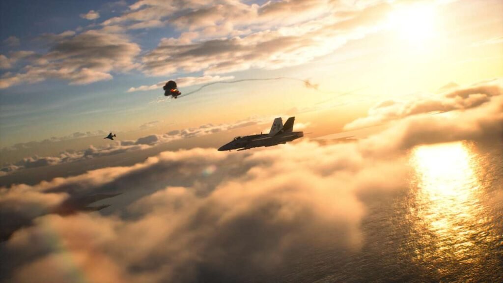 Um caça de combate em meio as nuvens, enquanto um inimigo é abatido ao fundo.
